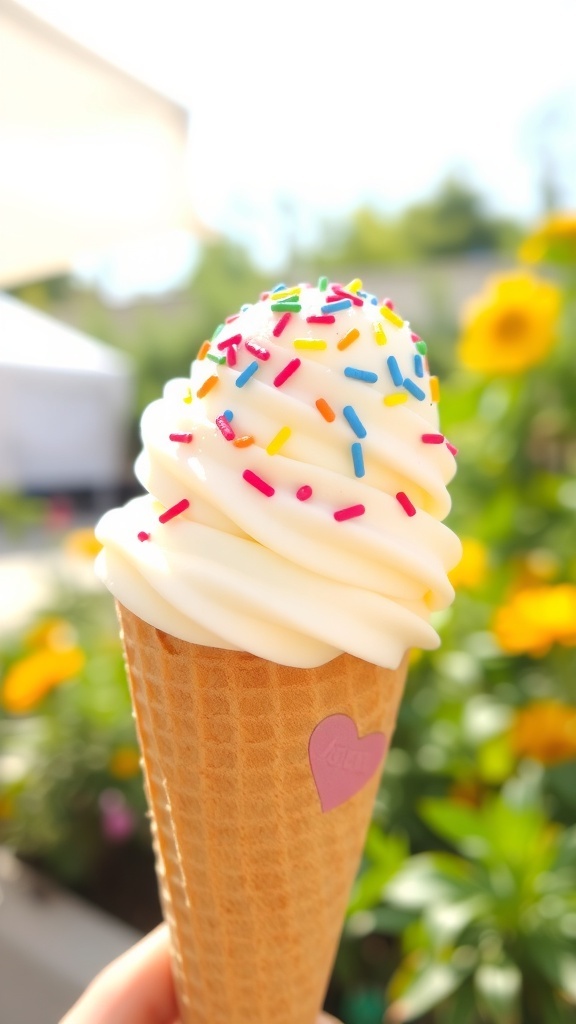 A delicious scoop of vanilla ice cream in a cone with sprinkles, set against a sunny garden backdrop.